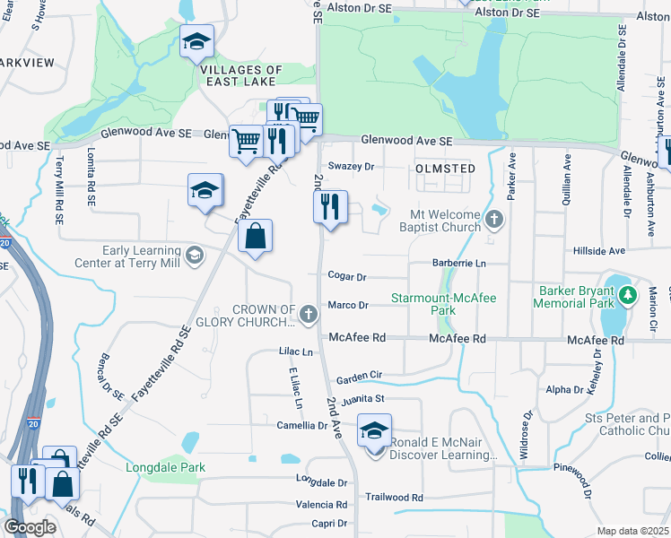 map of restaurants, bars, coffee shops, grocery stores, and more near 1986 Cogar Drive in Decatur