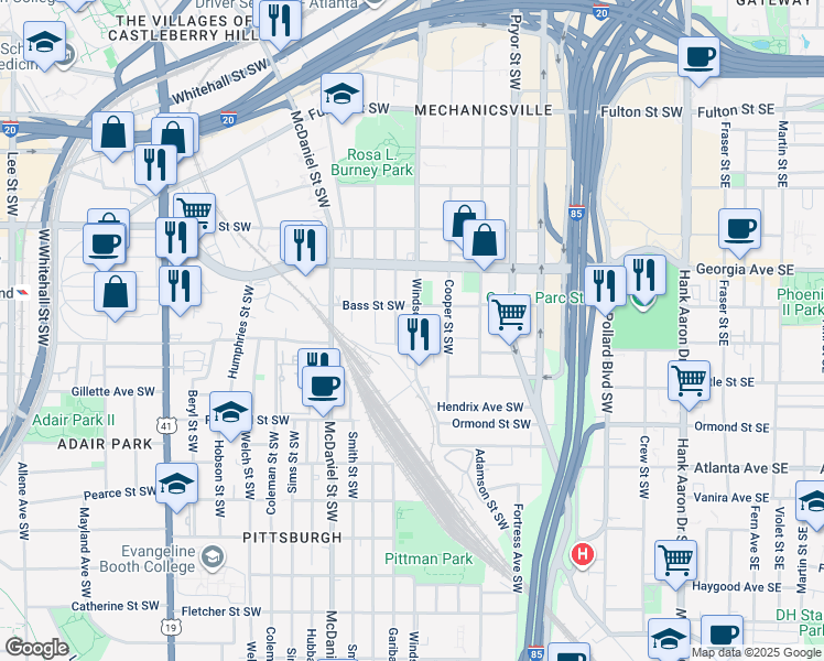 map of restaurants, bars, coffee shops, grocery stores, and more near 737 Windsor Street Southwest in Atlanta