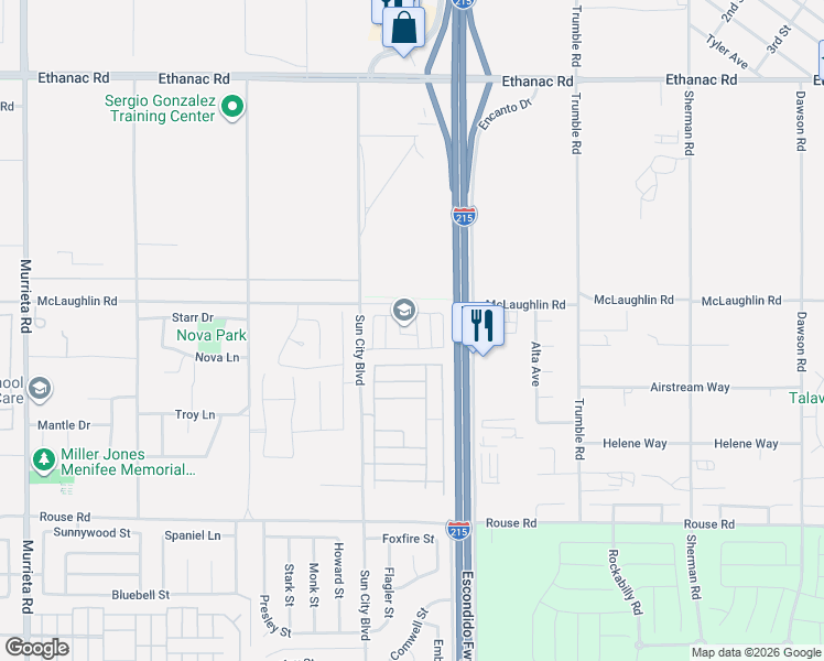 map of restaurants, bars, coffee shops, grocery stores, and more near 26546 Bonneau Lane in Menifee