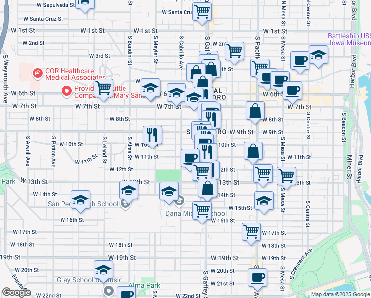 map of restaurants, bars, coffee shops, grocery stores, and more near 1010 South Cabrillo Avenue in Los Angeles