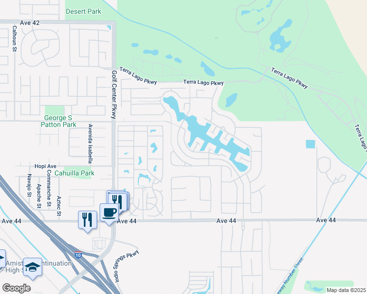 map of restaurants, bars, coffee shops, grocery stores, and more near 43275 Passagio Lago Way in Indio