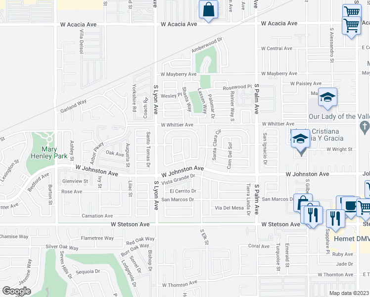 map of restaurants, bars, coffee shops, grocery stores, and more near 150 Santa Paula Drive in Hemet