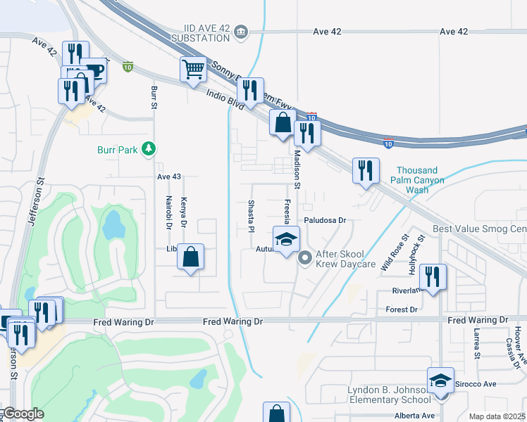 map of restaurants, bars, coffee shops, grocery stores, and more near 80831 Sunspring Court in Indio