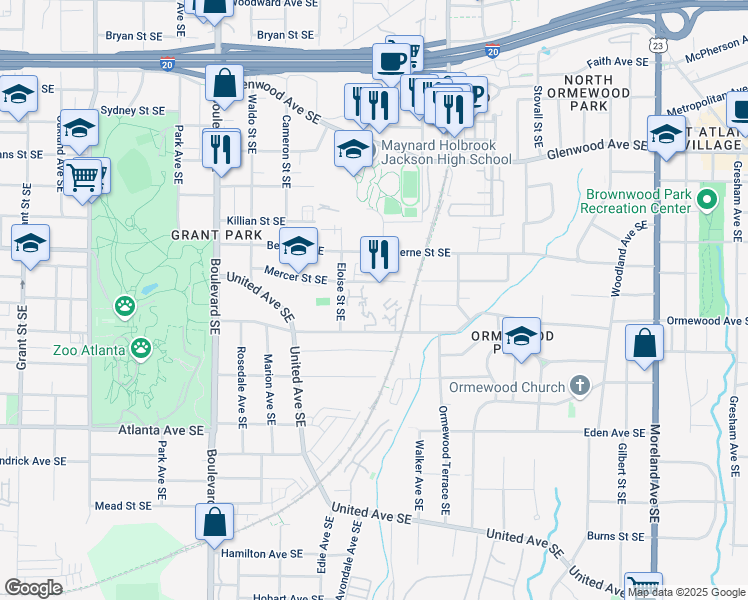 map of restaurants, bars, coffee shops, grocery stores, and more near 798 Eloise Court Southeast in Atlanta