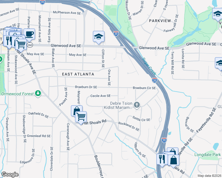 map of restaurants, bars, coffee shops, grocery stores, and more near 1731 Braeburn Drive Southeast in Atlanta