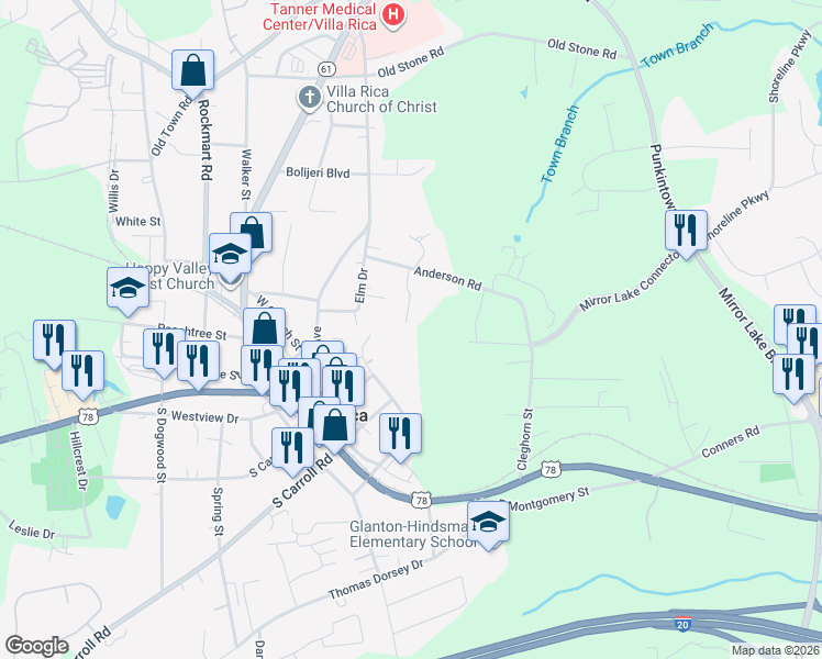 map of restaurants, bars, coffee shops, grocery stores, and more near 148 Pin Oak Trail in Villa Rica