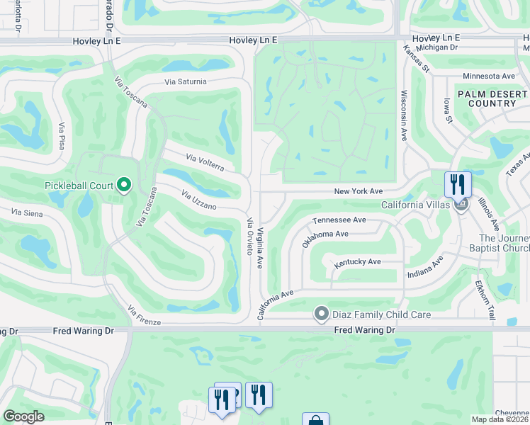 map of restaurants, bars, coffee shops, grocery stores, and more near 43240 Virginia Avenue in Palm Desert