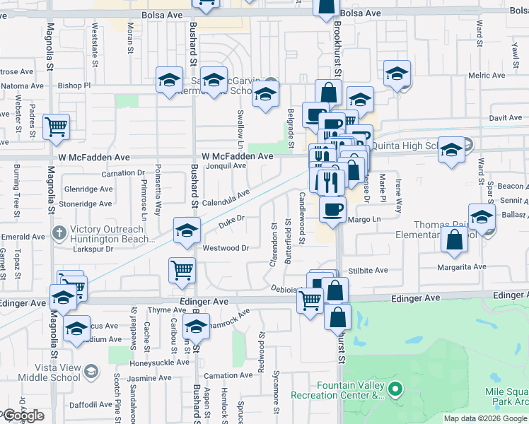 map of restaurants, bars, coffee shops, grocery stores, and more near 15682 Clarendon Street in Westminster