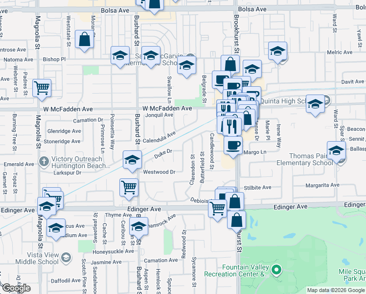 map of restaurants, bars, coffee shops, grocery stores, and more near 15731 Grey Oaks Street in Westminster