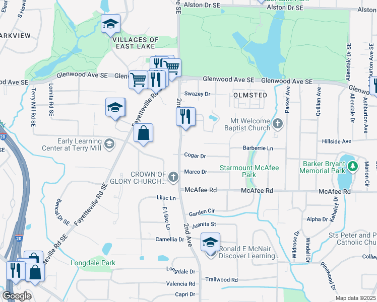 map of restaurants, bars, coffee shops, grocery stores, and more near 1986 Cogar Drive in Decatur