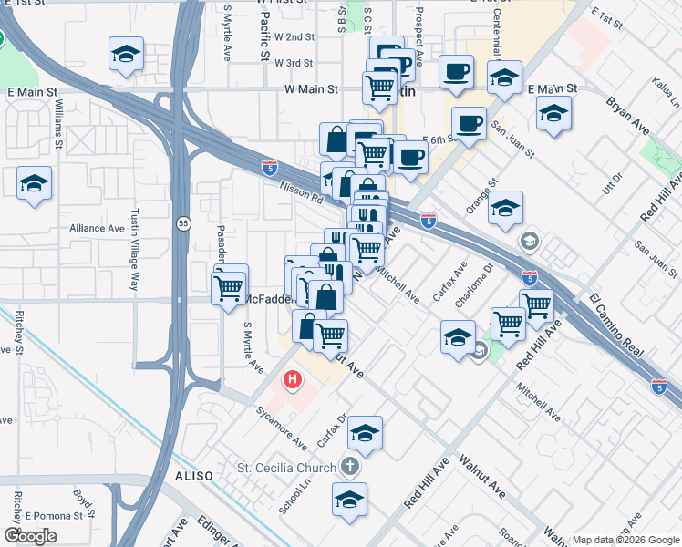 map of restaurants, bars, coffee shops, grocery stores, and more near 14181 Newport Avenue in Tustin