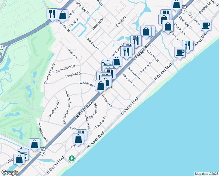 map of restaurants, bars, coffee shops, grocery stores, and more near 6000 North Kings Highway in Myrtle Beach