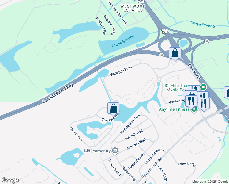 map of restaurants, bars, coffee shops, grocery stores, and more near 834 Arezzo Way in Myrtle Beach