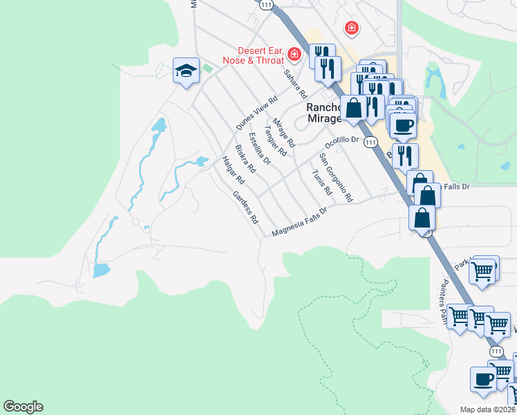 map of restaurants, bars, coffee shops, grocery stores, and more near 71520 Halgar Road in Rancho Mirage