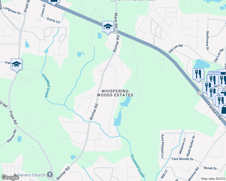 map of restaurants, bars, coffee shops, grocery stores, and more near 2615 Whisper Trail in Douglasville