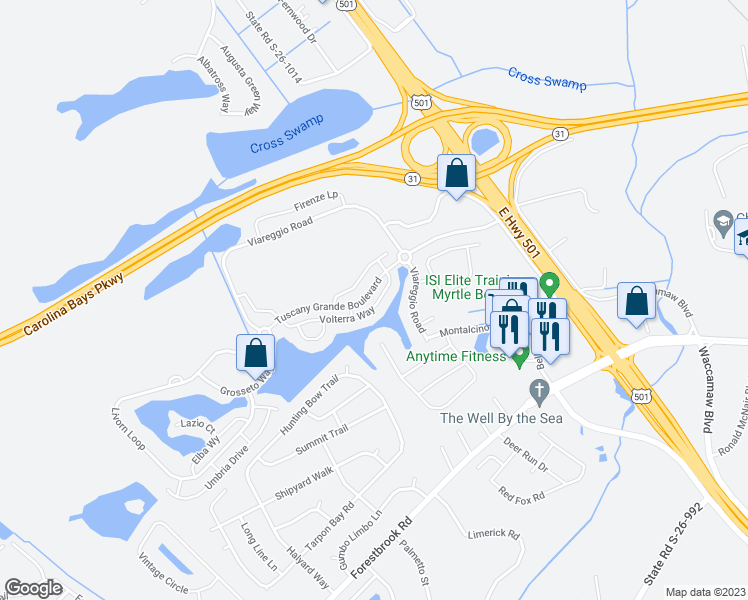 map of restaurants, bars, coffee shops, grocery stores, and more near 3234 Volterra Way in Myrtle Beach