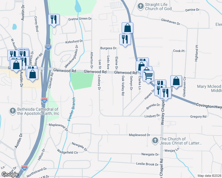 map of restaurants, bars, coffee shops, grocery stores, and more near 4088 Thetford Court in Decatur