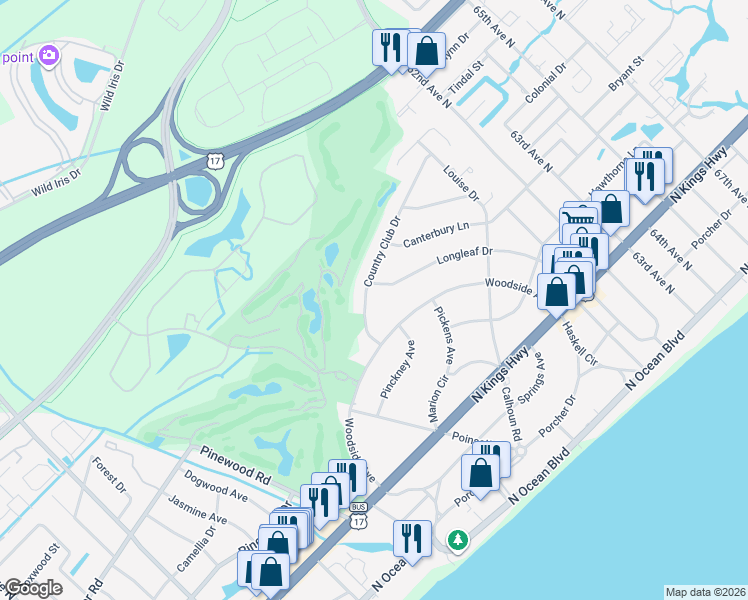 map of restaurants, bars, coffee shops, grocery stores, and more near 5616 Country Club Drive in Myrtle Beach