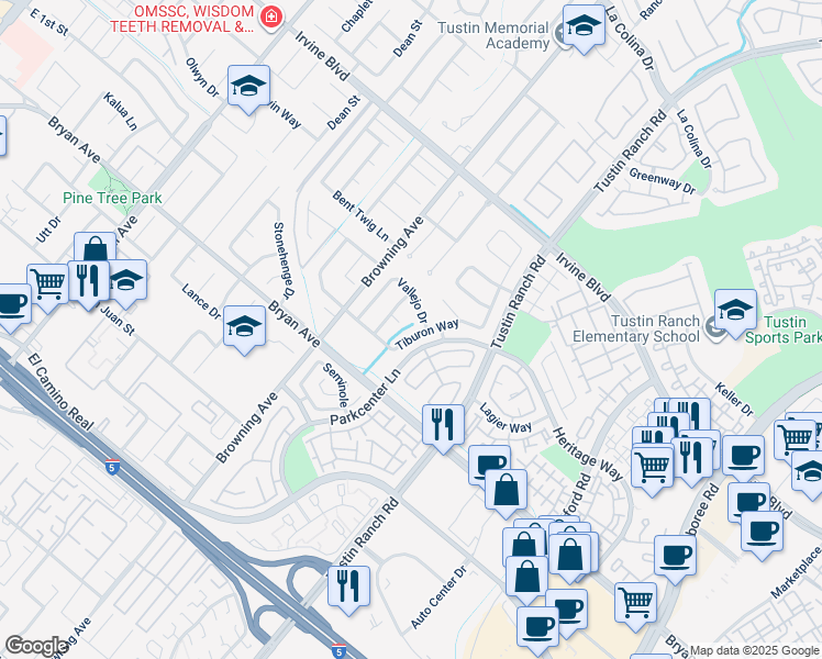 map of restaurants, bars, coffee shops, grocery stores, and more near 13331 Tiburon Way in Tustin