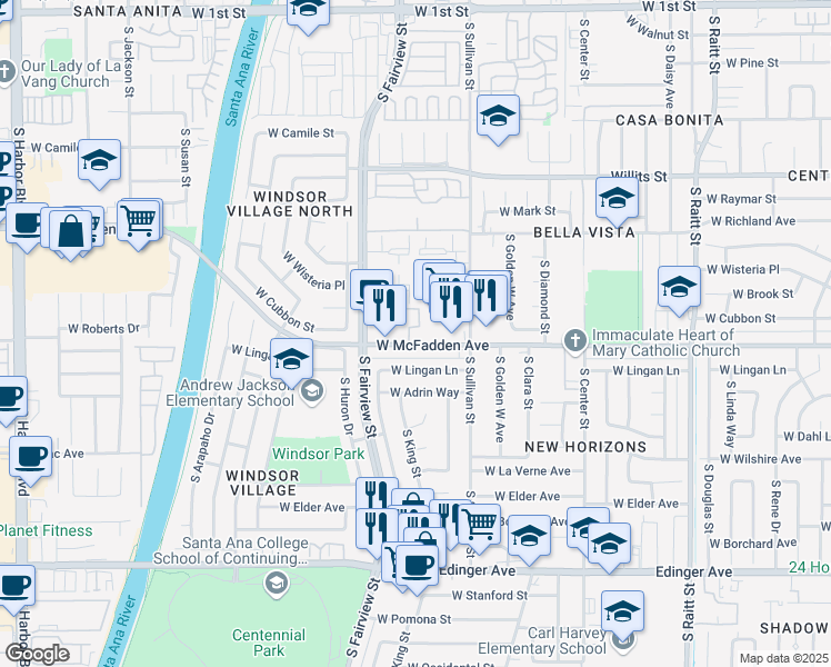 map of restaurants, bars, coffee shops, grocery stores, and more near 2549 West McFadden Avenue in Santa Ana