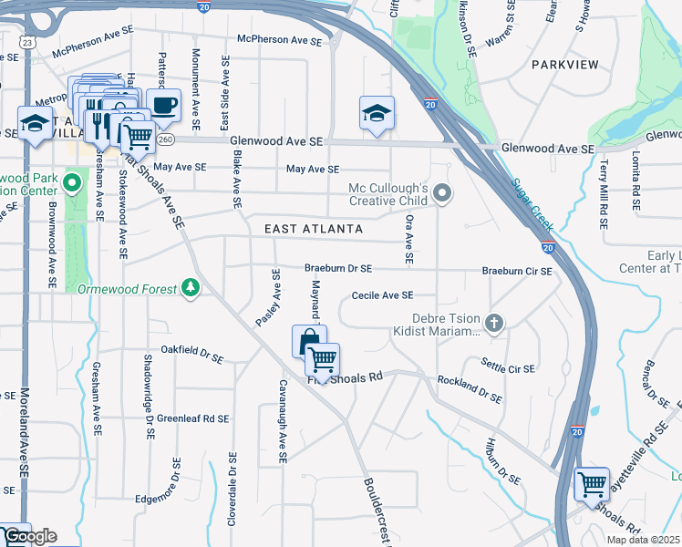 map of restaurants, bars, coffee shops, grocery stores, and more near 1625 Braeburn Drive Southeast in Atlanta