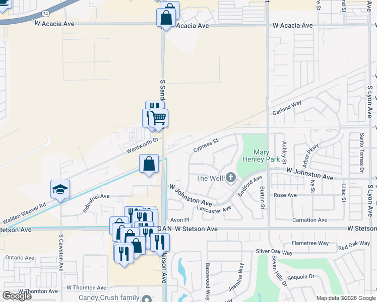 map of restaurants, bars, coffee shops, grocery stores, and more near 3126 Wimbledon Way in Hemet