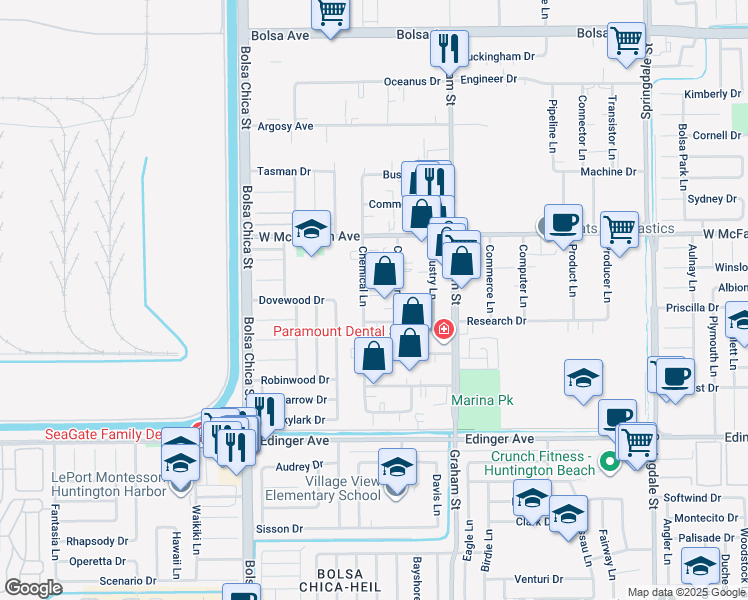 map of restaurants, bars, coffee shops, grocery stores, and more near 15652 Chemical Lane in Huntington Beach