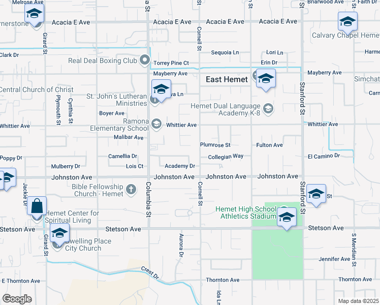 map of restaurants, bars, coffee shops, grocery stores, and more near 41202 Collegian Way in Hemet