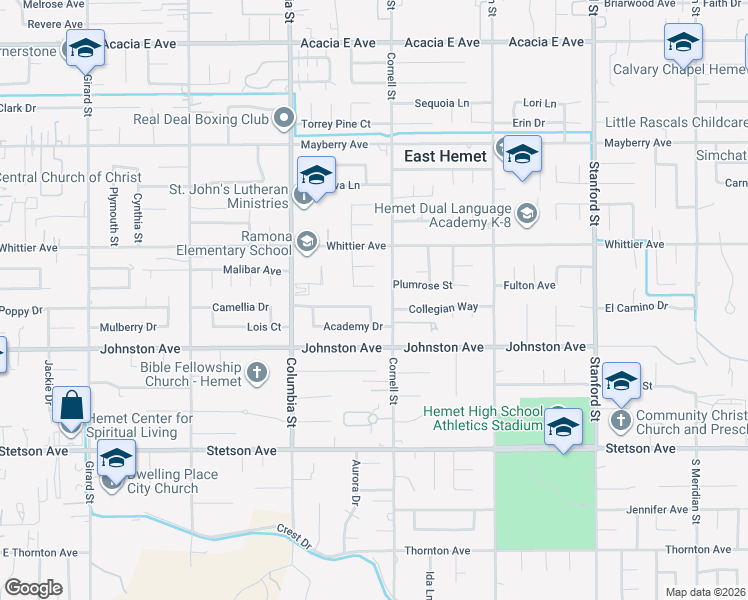 map of restaurants, bars, coffee shops, grocery stores, and more near 41202 Collegian Way in Hemet