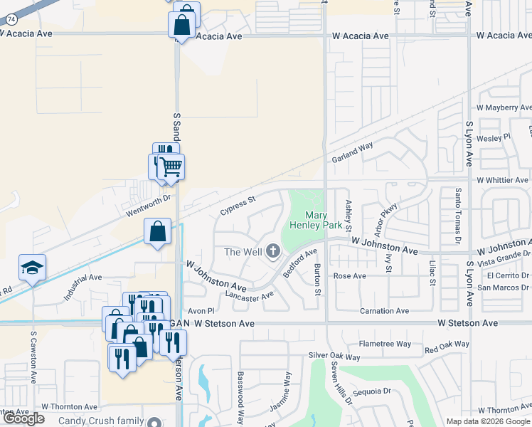 map of restaurants, bars, coffee shops, grocery stores, and more near 2823 Kingsbury Avenue in Hemet