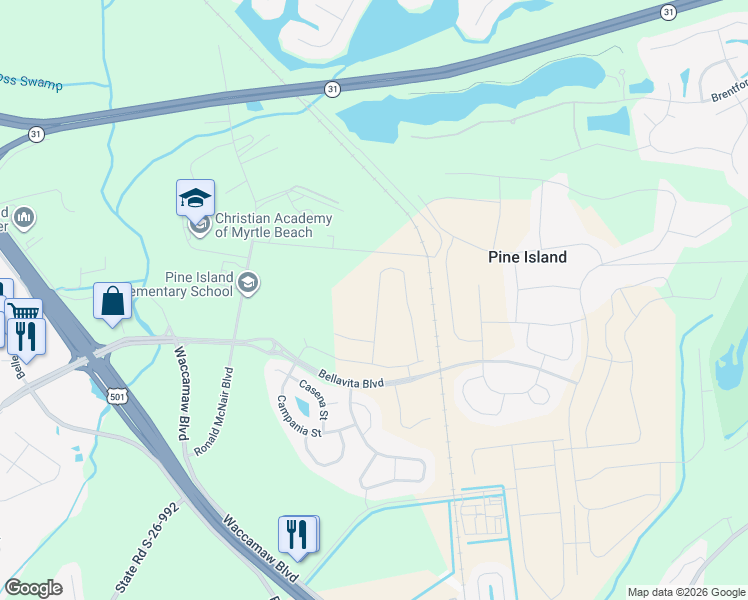 map of restaurants, bars, coffee shops, grocery stores, and more near 455 Christie McAuliffe Boulevard in Myrtle Beach