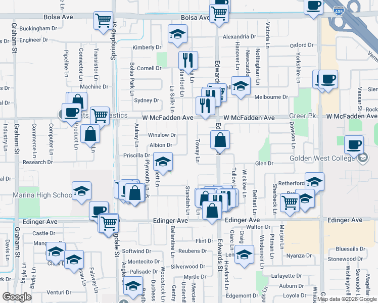 map of restaurants, bars, coffee shops, grocery stores, and more near 15652 Mayflower Lane in Huntington Beach