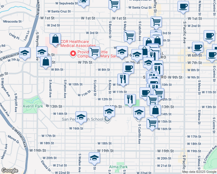 map of restaurants, bars, coffee shops, grocery stores, and more near 1011 West 11th Street in Los Angeles