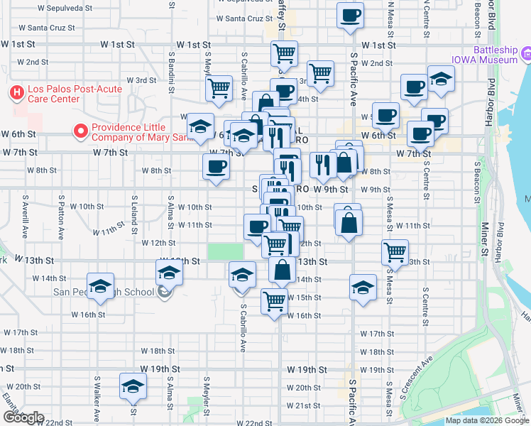 map of restaurants, bars, coffee shops, grocery stores, and more near 735 West 10th Street in Los Angeles