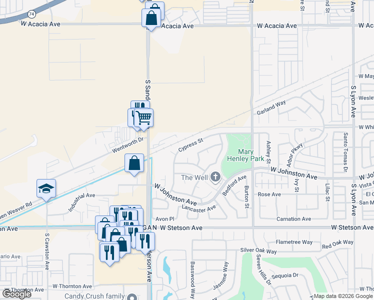 map of restaurants, bars, coffee shops, grocery stores, and more near 2991 Cypress Street in Hemet