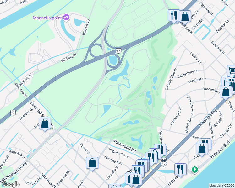 map of restaurants, bars, coffee shops, grocery stores, and more near Granddaddy Dr in Myrtle Beach