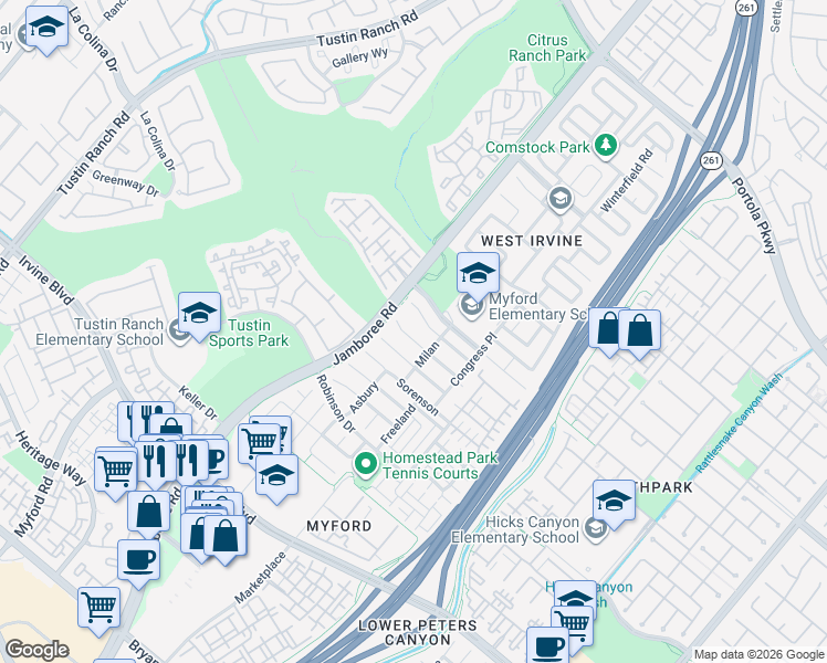 map of restaurants, bars, coffee shops, grocery stores, and more near 15 Parma in Irvine