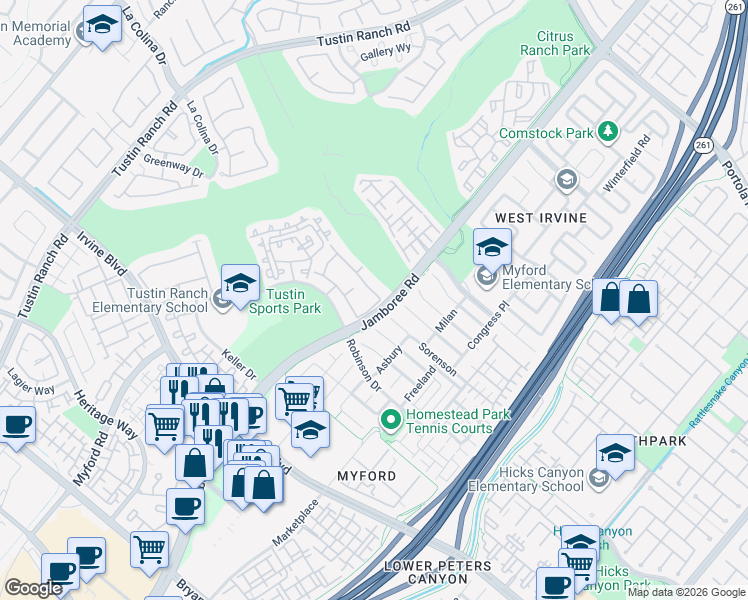map of restaurants, bars, coffee shops, grocery stores, and more near 12643 Trent Jones Lane in Tustin
