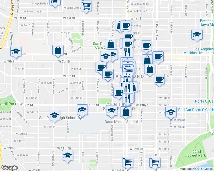 map of restaurants, bars, coffee shops, grocery stores, and more near 827 West 10th Street in Los Angeles