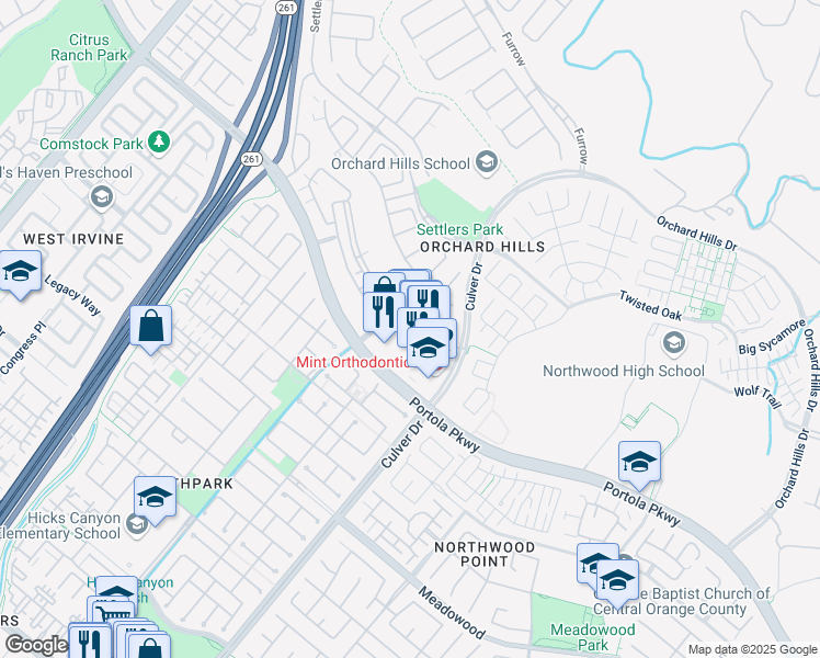 map of restaurants, bars, coffee shops, grocery stores, and more near 3901 Portola Parkway in Irvine
