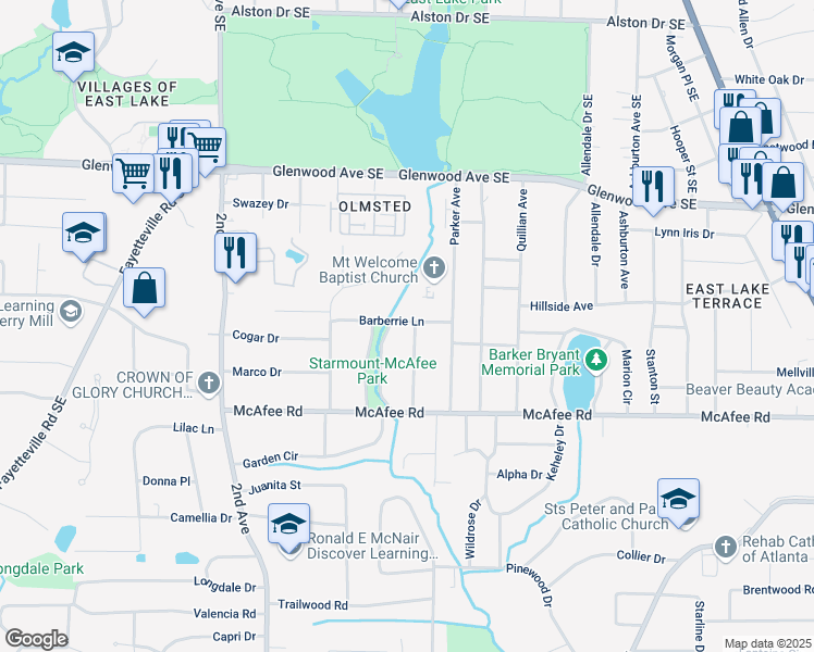 map of restaurants, bars, coffee shops, grocery stores, and more near 1935 McAfee Place in Decatur