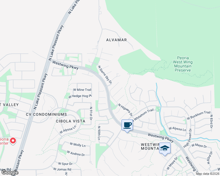 map of restaurants, bars, coffee shops, grocery stores, and more near 27630 Higuera Drive in Peoria