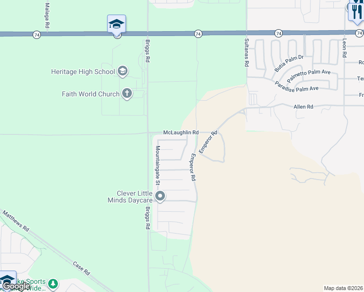map of restaurants, bars, coffee shops, grocery stores, and more near 26579 Iron Mountain Street in Riverside County