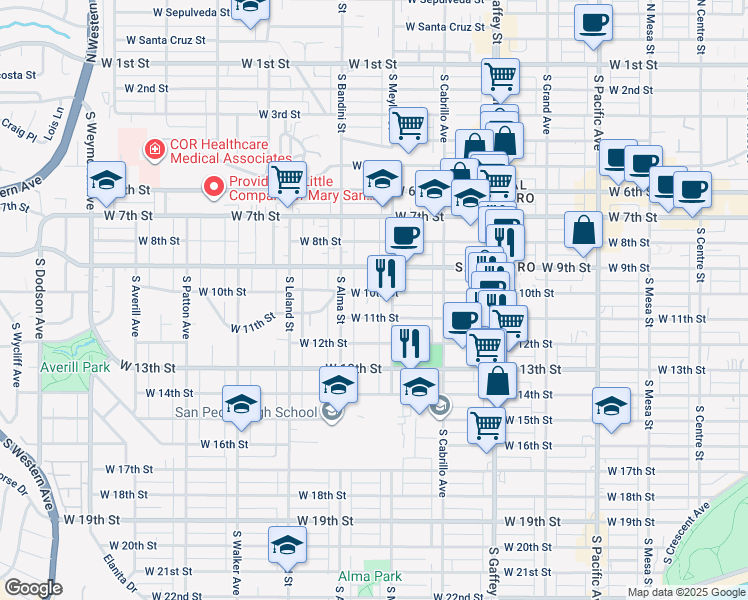 map of restaurants, bars, coffee shops, grocery stores, and more near 927 West 10th Street in Los Angeles