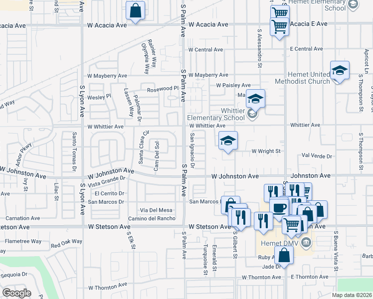 map of restaurants, bars, coffee shops, grocery stores, and more near 801 South Palm Avenue in Hemet