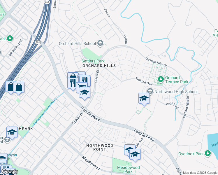 map of restaurants, bars, coffee shops, grocery stores, and more near 50 Painted Sky in Irvine