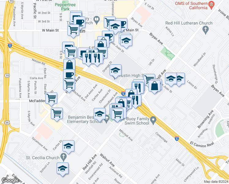 map of restaurants, bars, coffee shops, grocery stores, and more near 14011 Woodlawn Avenue in Tustin