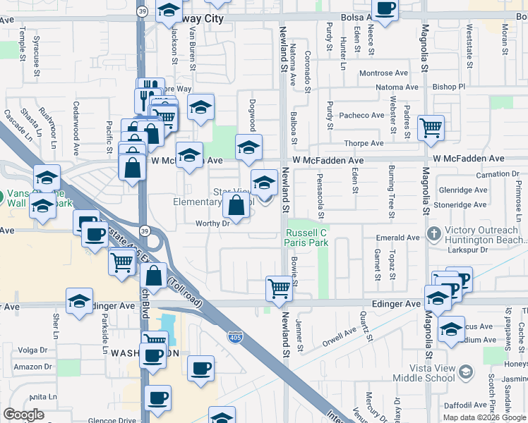 map of restaurants, bars, coffee shops, grocery stores, and more near 8411 Worthy Drive in Midway City