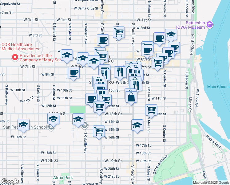 map of restaurants, bars, coffee shops, grocery stores, and more near 1008 South Grand Avenue in Los Angeles