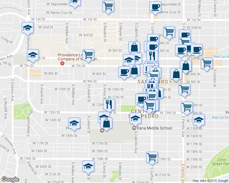 map of restaurants, bars, coffee shops, grocery stores, and more near 927 West 10th Street in Los Angeles